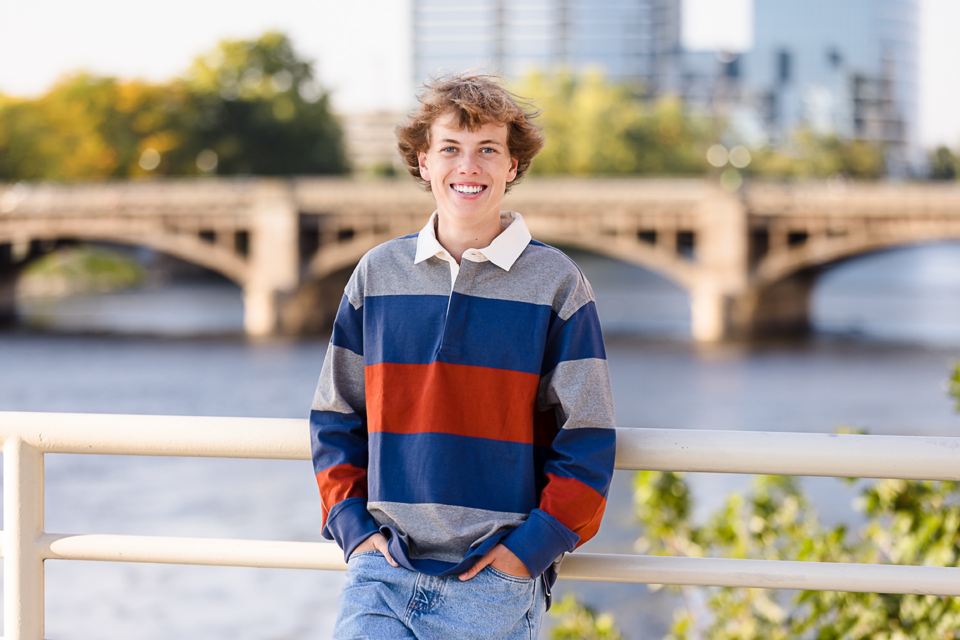 High school senior boy downtown Grand Rapids Michigan bridge